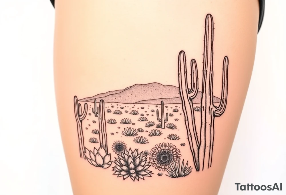 A scenic view of cactuses in the desert landscape of Arizona on a sunny day tattoo idea