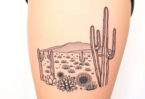 A scenic view of cactuses in the desert landscape of Arizona on a sunny day tattoo idea