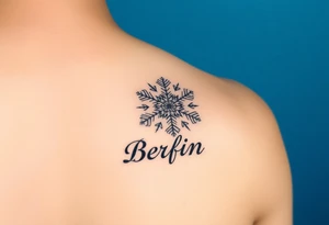 Blue backround, a snowflake and the name „Berfin“ in it tattoo idea