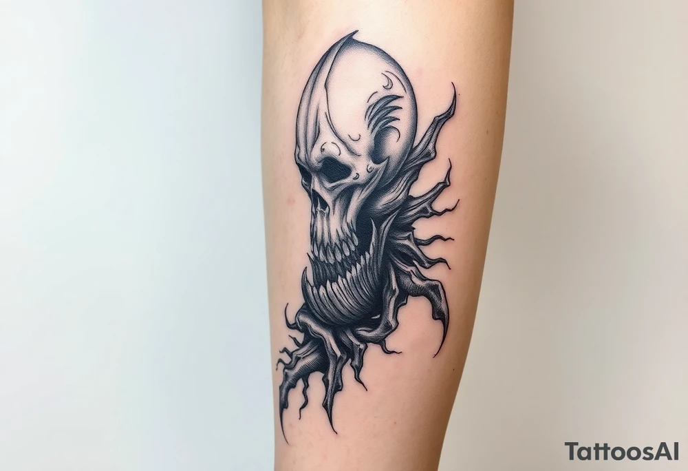 Full sleeve on leg of Halloween inspired art work tattoo idea