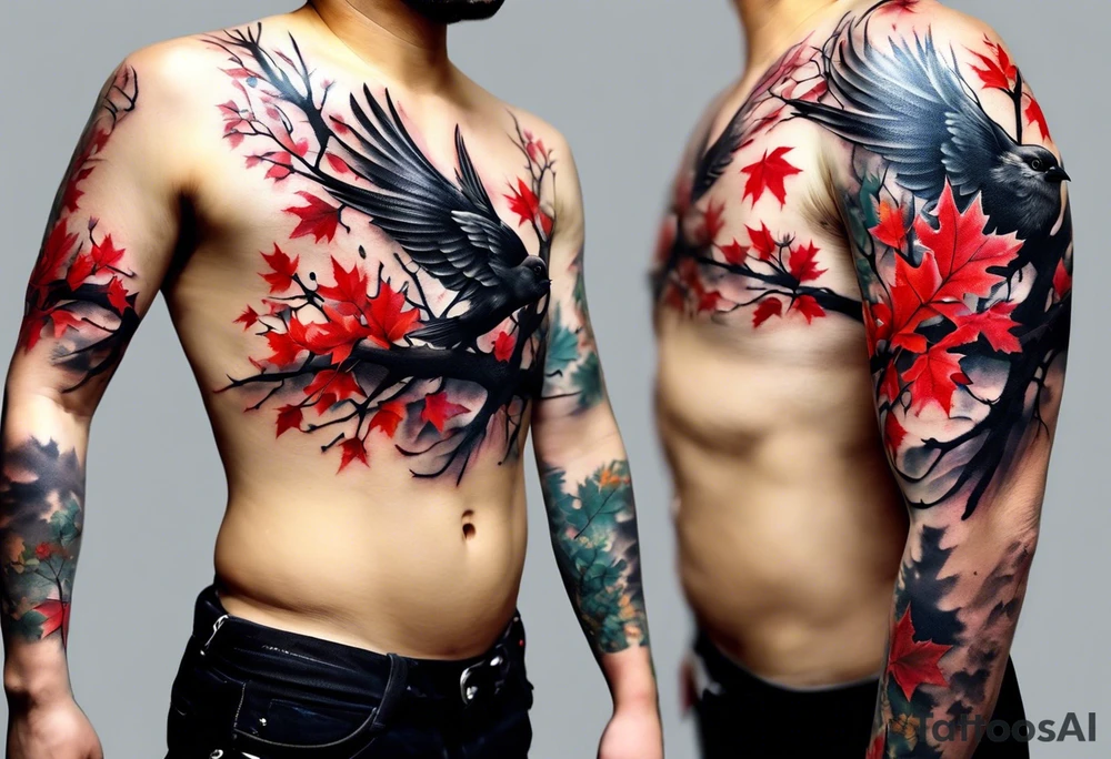 trash polka style. Arm tattoo. chest tattoo. Long tattoo. large tattoo. Full sleeve. Shoulder. A single large maple tree with red autumn leaves that branches upwards from wrist to shoulder. White-throated dipper bird on the trees branches. Calluna flowers at the base of the trees stem. Tree stem has dark colors. Red/yellow sunset behind the trees stem. Leaves falling. tattoo idea