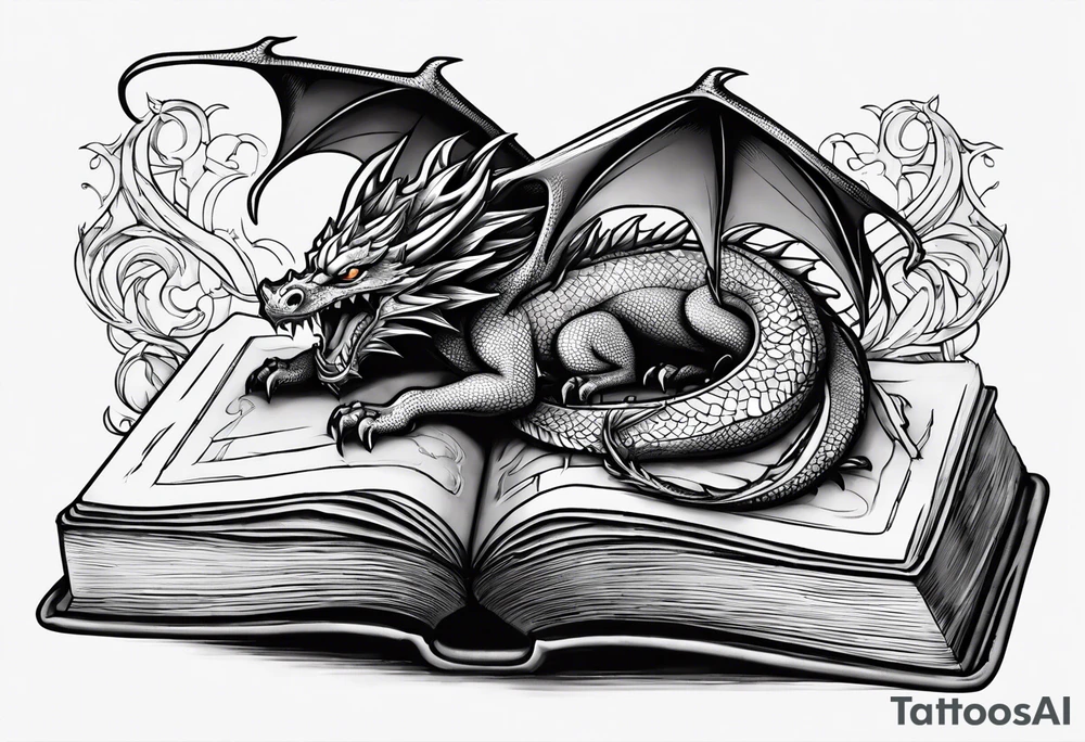 An open book with a dragon curled up and resting underneath it. It will have symbols from different well known Young Adult books coming out of it. tattoo idea