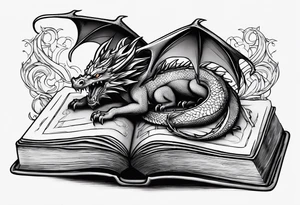 An open book with a dragon curled up and resting underneath it. It will have symbols from different well known Young Adult books coming out of it. tattoo idea