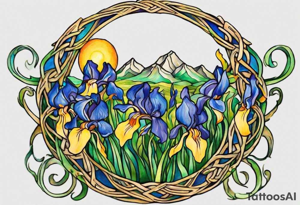 Create a small, colorful Vincent van Gogh Irises tattoo in the form of a crescent, with vines in Celtic knot style gracefully intertwining at a central point in the middle of the wreath. The intended placement is on the upper chest. The middle needs mountains. The overall design should be small in size while maintaining a delicate and artistic aesthetic. Pay attention to the graceful flow of the vines and the placement of the irises to achieve a refined and elegant look. tattoo idea