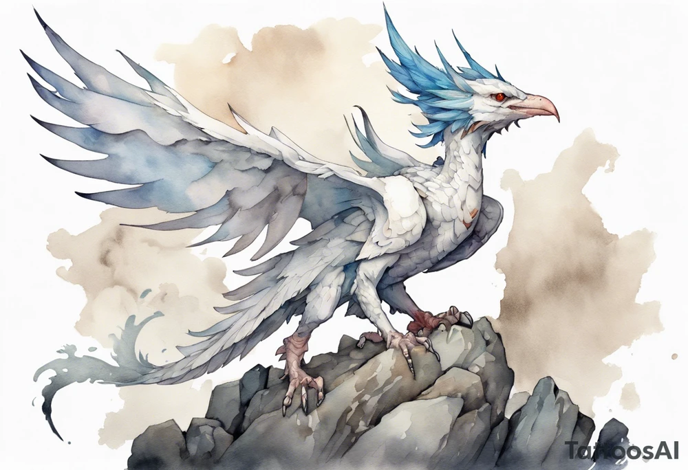 a white bird-wyvern hybrid, wearing a plain iron crown on head, perched on a stone tattoo idea