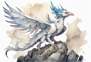 a white bird-wyvern hybrid, wearing a plain iron crown on head, perched on a stone tattoo idea