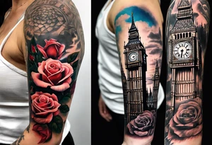 long sleeve tattoo with a rose on the bottom of the hand and then Big Ben above the rose blended with some buildings from London and then above that a lion tattoo idea