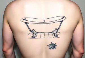 clawfoot bathtub with visible tile bathroom floor and a small bouqet of flowers on the floor tattoo idea