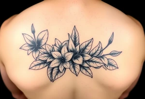 Beautiful, feminine, complex, detailed shading and cohesive mixture of the following: sampugita flowers, anahaw leaves (Livistona rotundifolia), ylang ylang, tropical foliage tattoo idea