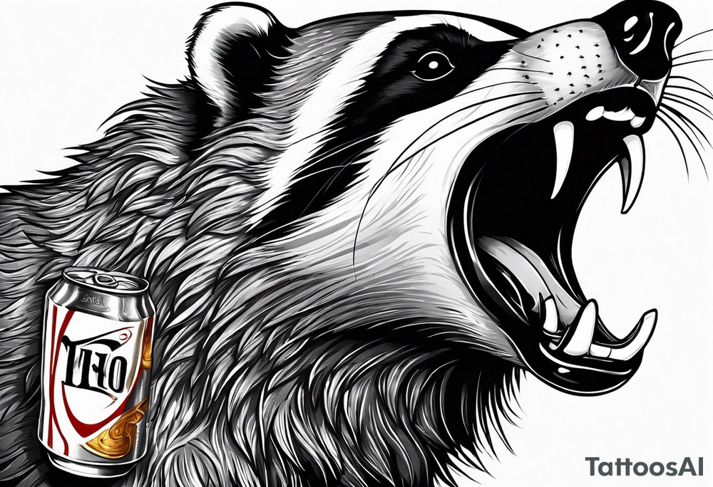 badger with mouth open with soda can and chips tattoo idea
