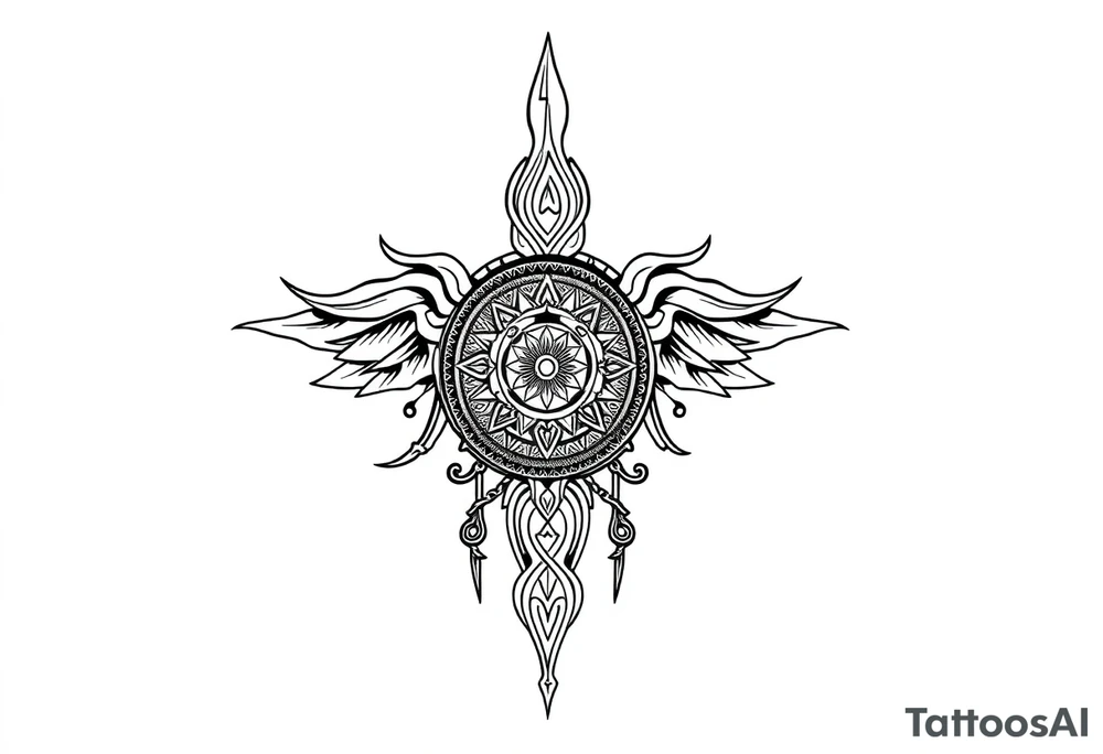 long shaman  style mytical bold line with ancient rhyme tattoo idea