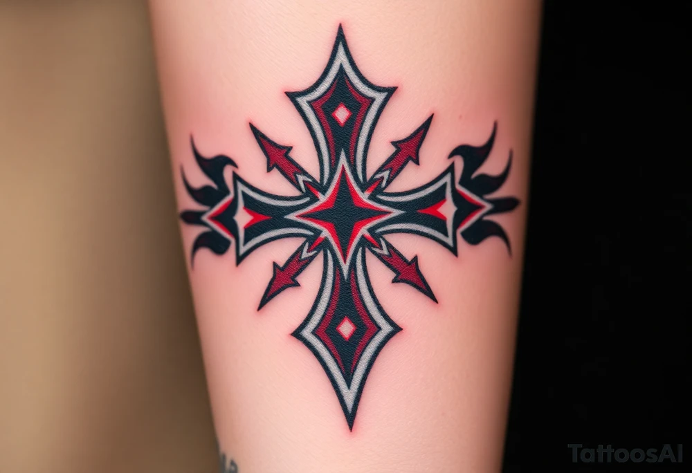 A bold black and red Maltese cross with silver outlines, tattoo idea