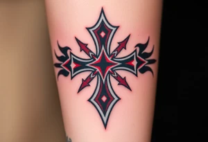 A bold black and red Maltese cross with silver outlines, tattoo idea