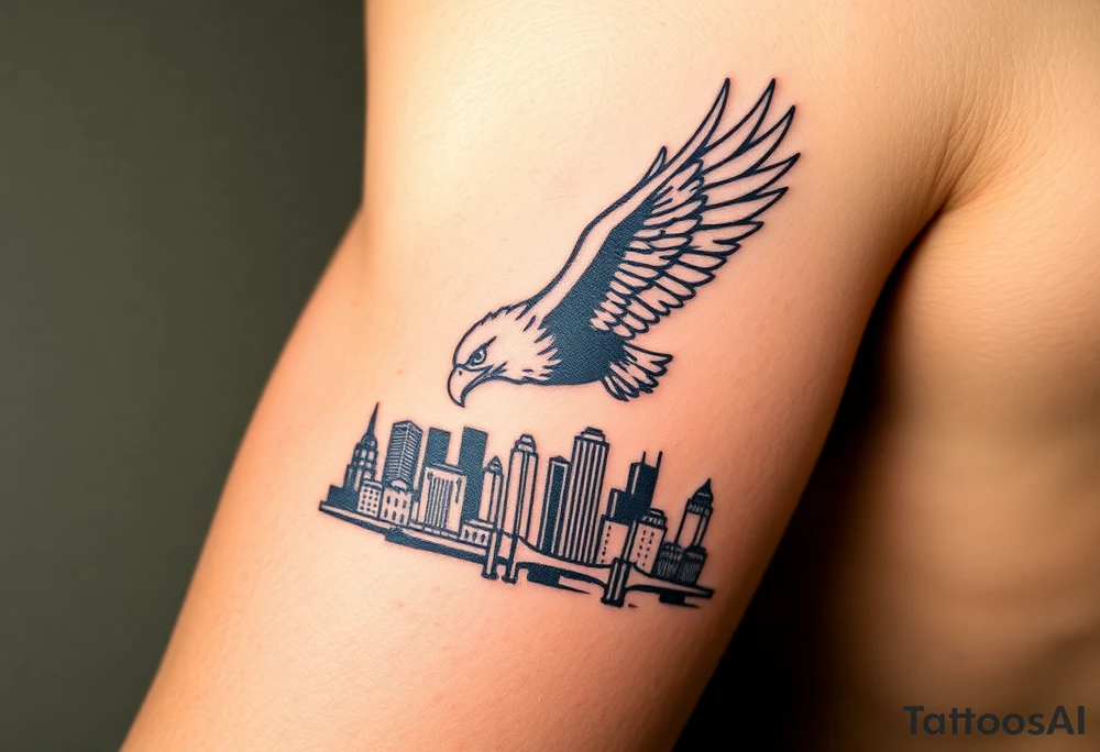 Philadelphia Eagle flying over Philadelphia city skyline faded with a Go Birds under it tattoo idea