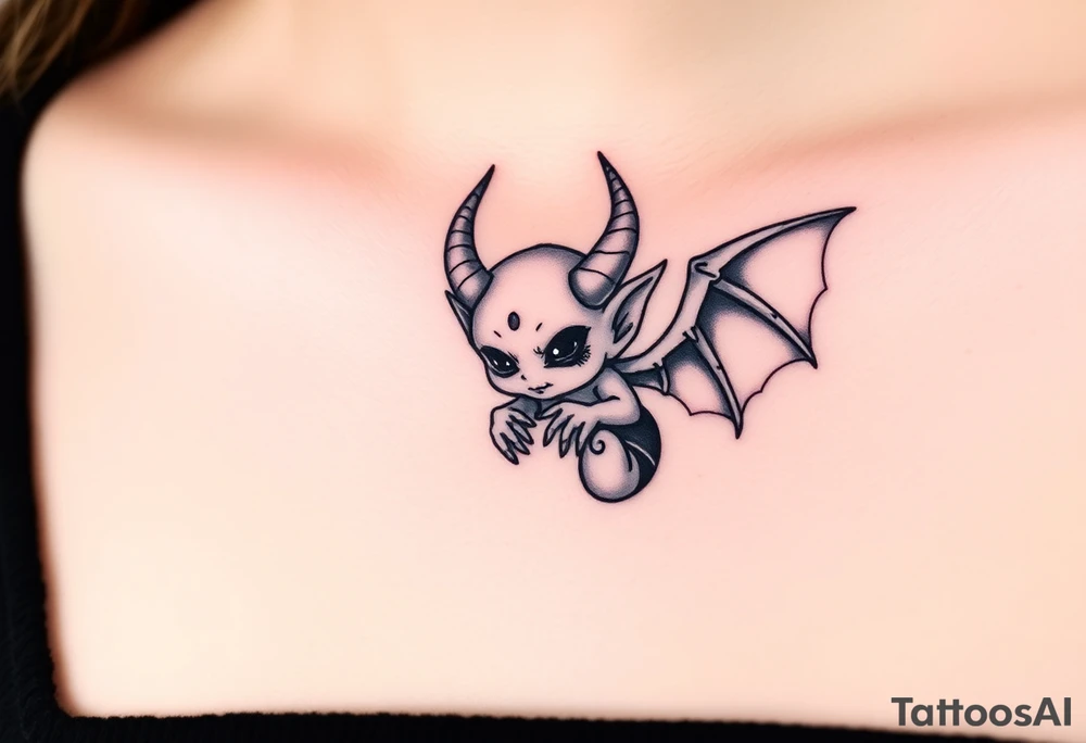 Misfit tiny goblin with wings and horns tattoo idea