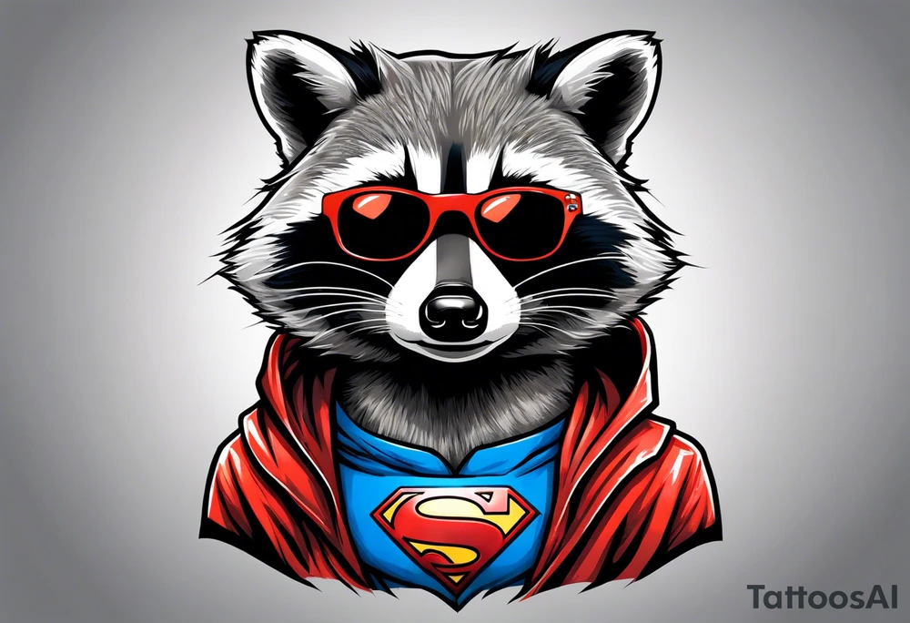 raccoon wearing a Superman hoodie tattoo idea