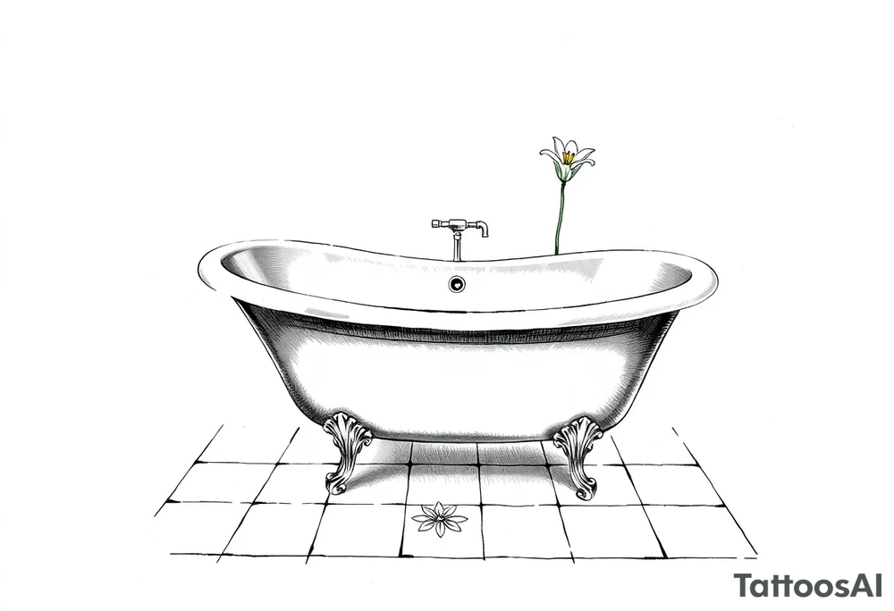 Clawfoot bathtub with lily coming up from tile floor tattoo idea