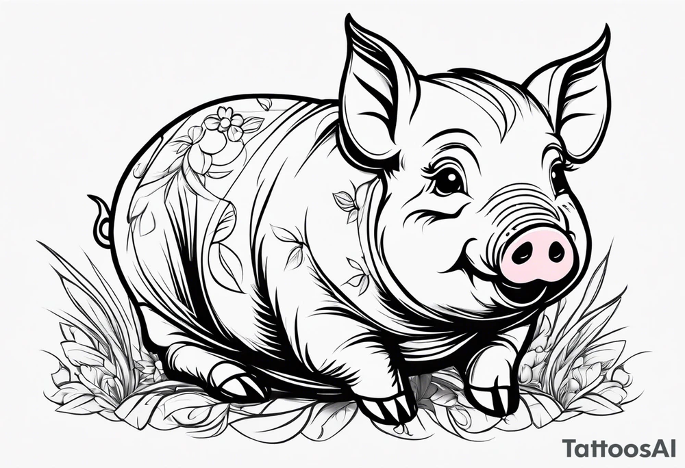 very cute chubby happy piglet.
outline only.
black and white only.
only show the piglet. no extra lines or decoration.
no black shading.
dont make the ears too big.
draw very thin lines tattoo idea