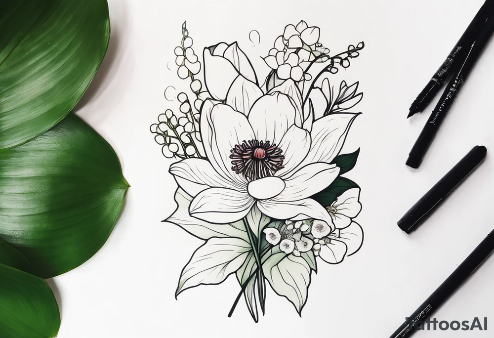 Poppy, water lily, Lily of the valley, flower bouquet, portrait style tattoo idea