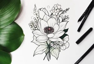 Poppy, water lily, Lily of the valley, flower bouquet, portrait style tattoo idea