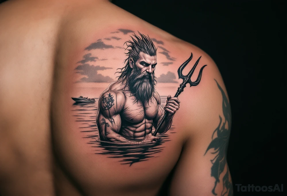 young, happy, fit poseidon in calm water, holding a trident, drinking a beer, with sunset, with ski boat tattoo idea