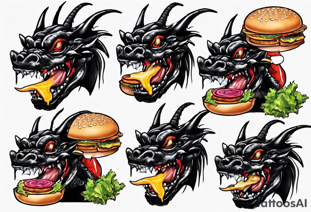 happy black dragon eating a cheeseburger tattoo idea