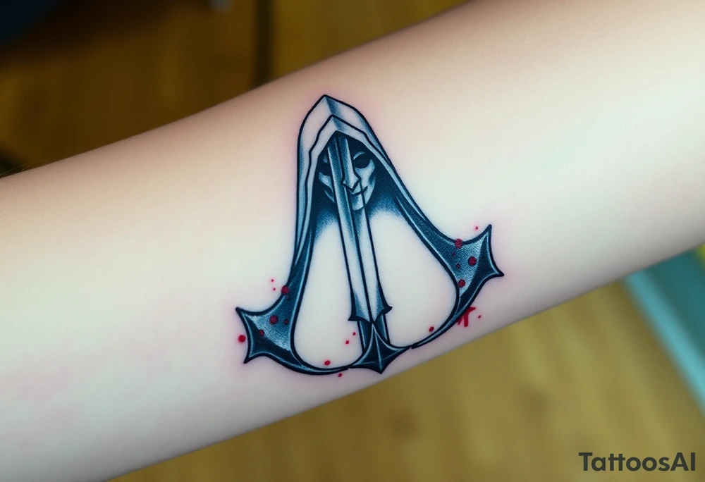 Assassins Creed emblem with Ezio hooded character, no face, with blood splashes and a sword through the entire tattoo tattoo idea