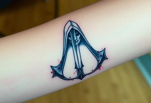 Assassins Creed emblem with Ezio hooded character, no face, with blood splashes and a sword through the entire tattoo tattoo idea