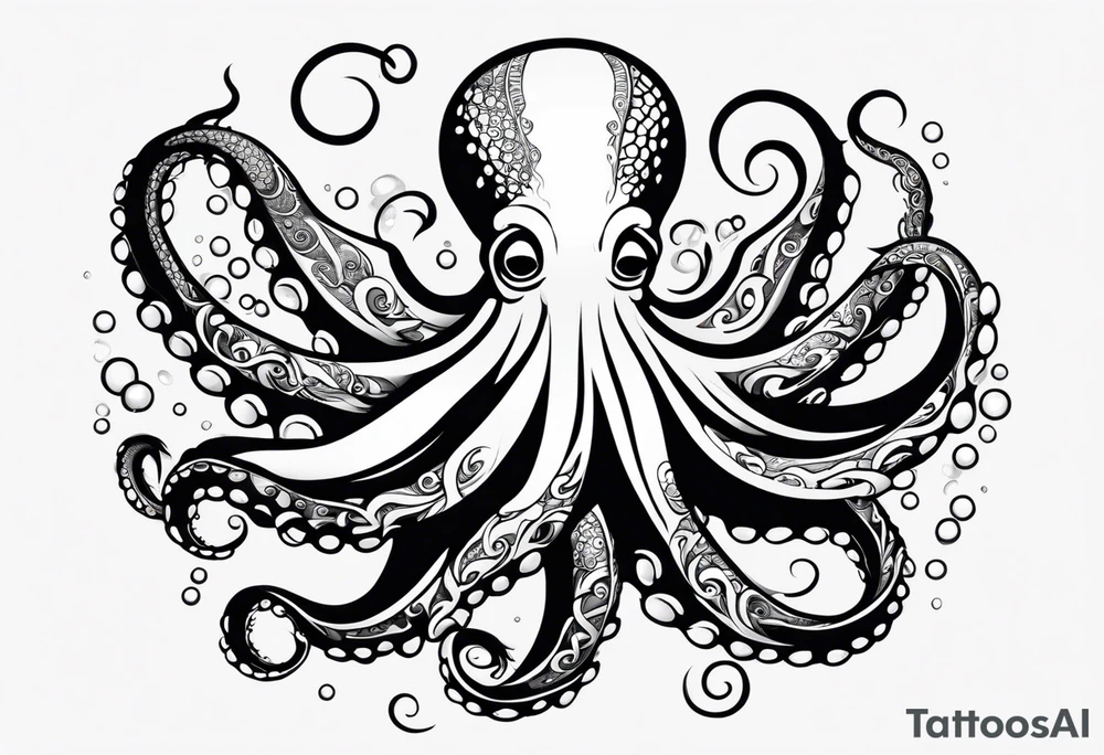 Tribal half sleeve. octopus surrounded by ribbons of water waves filled with fish. the octopus has no eyes. Use thick lines only with less detail. tattoo idea