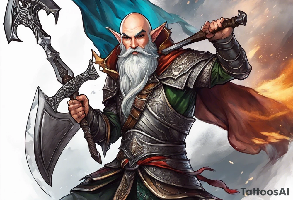 a full-body picture of a human elf, bearded bald male, paladin, holding a battle axe, on my left forearm tattoo idea