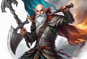 a full-body picture of a human elf, bearded bald male, paladin, holding a battle axe, on my left forearm tattoo idea