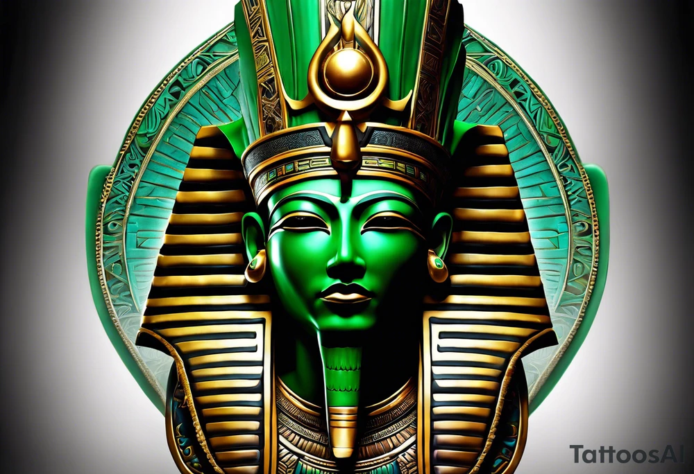 The tattoo represents Osiris, the god of the afterlife and resurrection, with his iconic green skin and traditional attire. His body is wrapped in a detailed shroud, and he is depicted with the Atef crown, featuring the white crown of Upper Egypt flanked by two feathers. His eyes are serene yet powerful, reflecting his role as the judge of the dead. The detailed texture of his skin and attire, along with realistic shadows and highlights, accentuate Osiris’s divine and otherworldly presence. tattoo idea