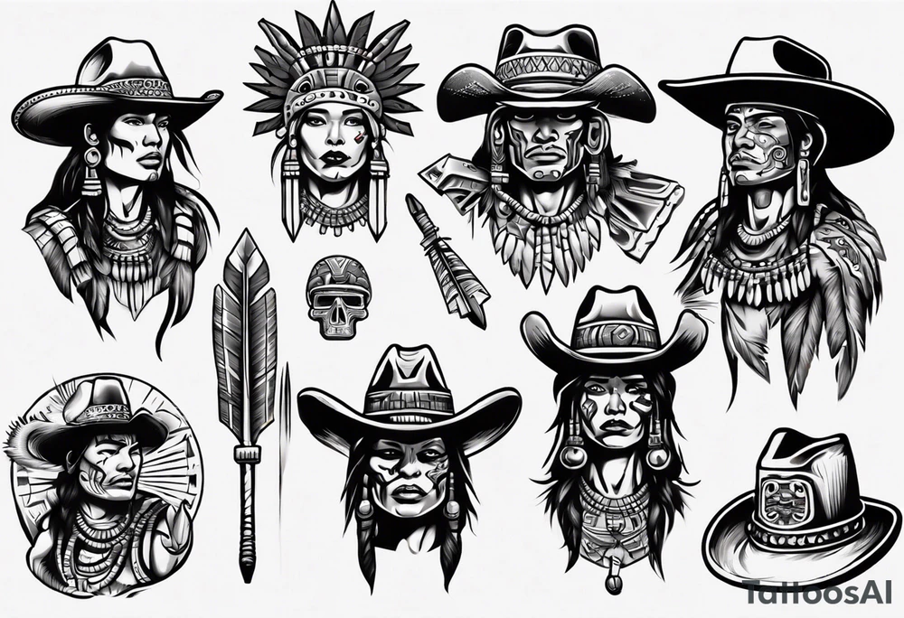 aztec with cowboy hat holding a spear tattoo idea