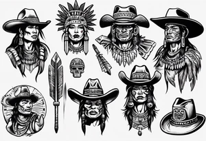 aztec with cowboy hat holding a spear tattoo idea