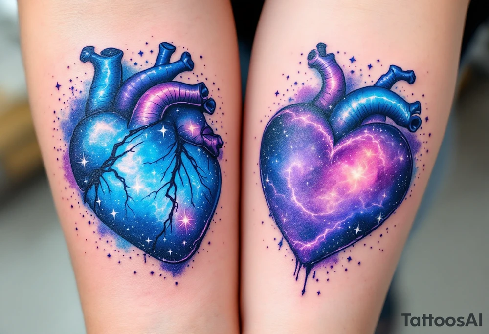 Blue and purple galaxy hearts matching across both upperarms, symbolizing cosmic connection. tattoo idea