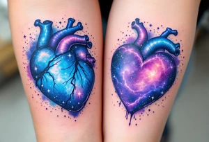 Blue and purple galaxy hearts matching across both upperarms, symbolizing cosmic connection. tattoo idea