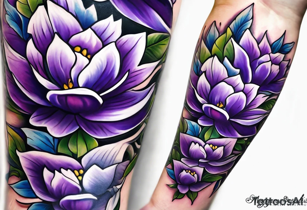 Forearm tattoo with purple flowers to always remember my grandma that passed away with a small white dove and heaven things added like clouds and stairs. tattoo idea