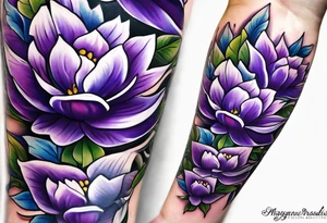Forearm tattoo with purple flowers to always remember my grandma that passed away with a small white dove and heaven things added like clouds and stairs. tattoo idea