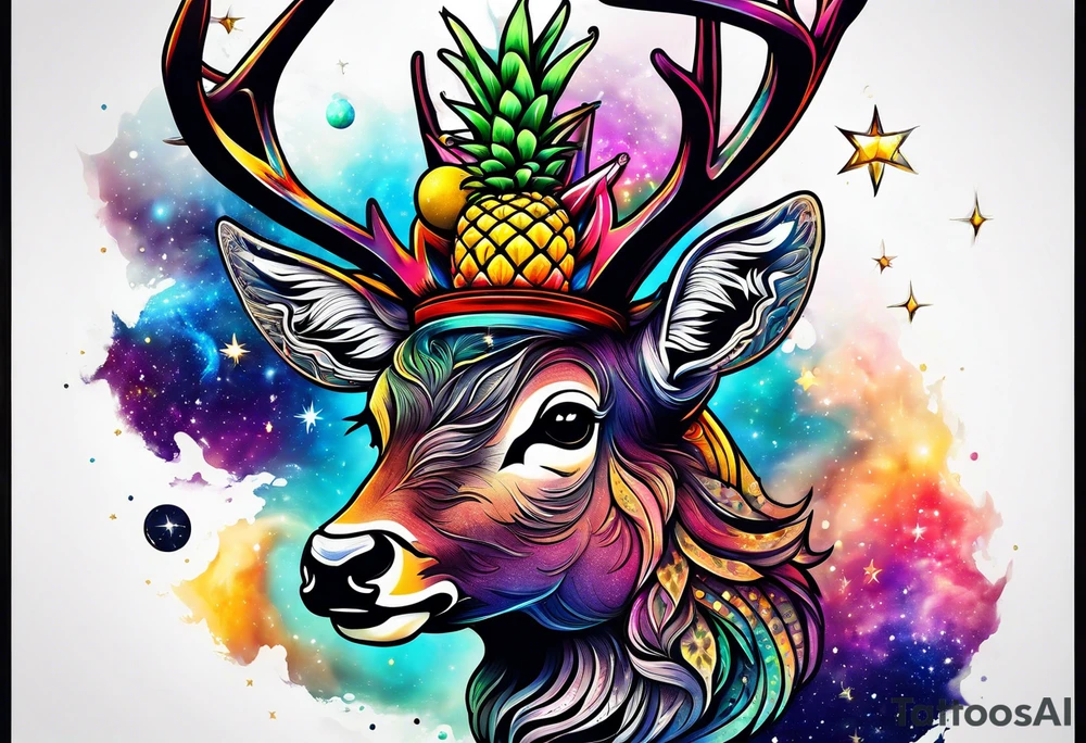 stag featuring colours of the universe and galaxies and pineapples in amsterdam tattoo idea