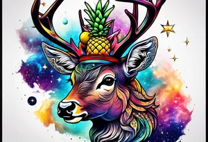 stag featuring colours of the universe and galaxies and pineapples in amsterdam tattoo idea