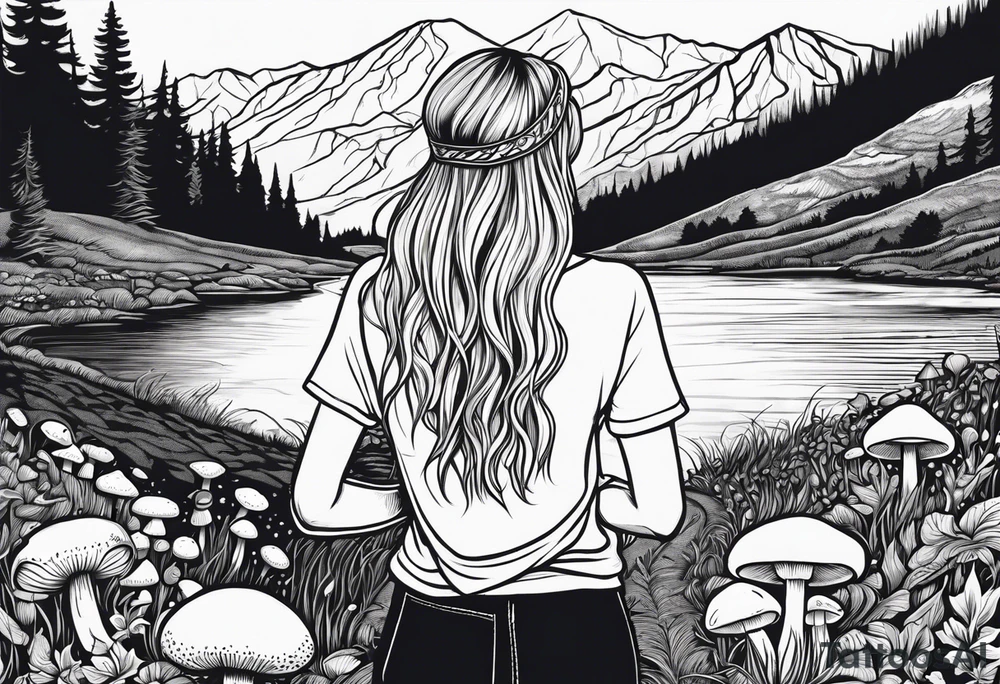 Straight long blonde hair hippie girl in distance holding mushrooms in hand facing away toward mountains and creek surrounded by mushrooms tee shirt and hiking pants tattoo idea