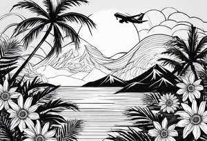 Daisies, palm tree and airplane anchor waves fireworks, mountain,  ski , sun 06, 09, 11, 716, 02072 tattoo idea