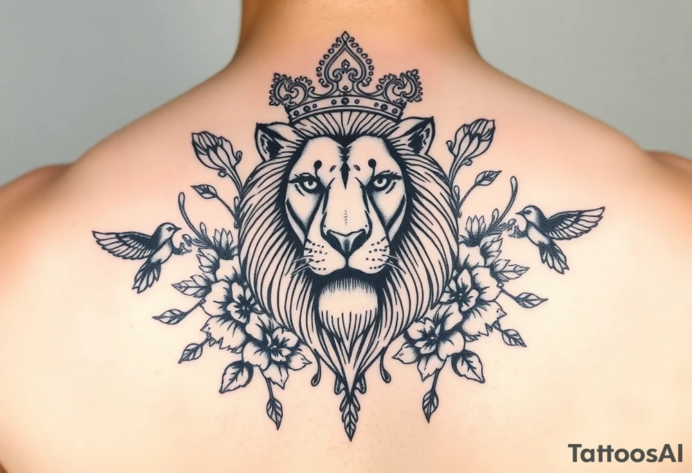 powerful majestic lion with a crown, surrounded by floral ornaments and birds tattoo idea