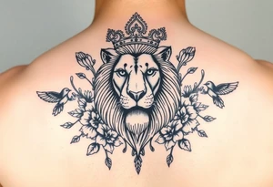 powerful majestic lion with a crown, surrounded by floral ornaments and birds tattoo idea