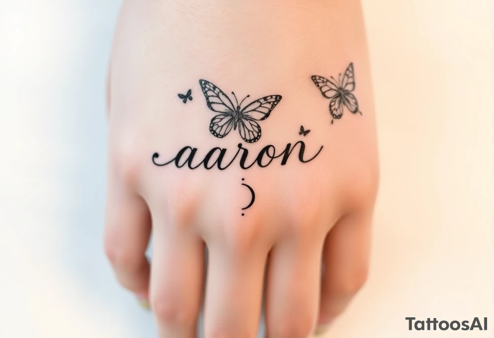 a hand tattoo with the name aaron, add some butterflies and a semicolon tattoo idea