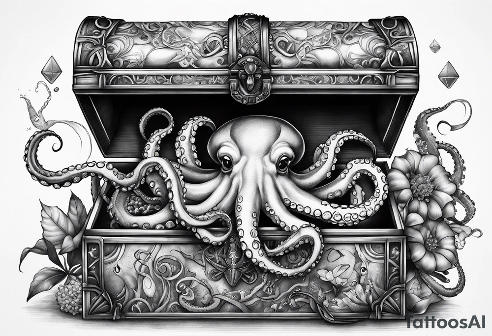 Octopus and crab with treasure box full of jewels tattoo idea