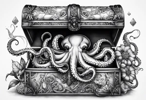 Octopus and crab with treasure box full of jewels tattoo idea