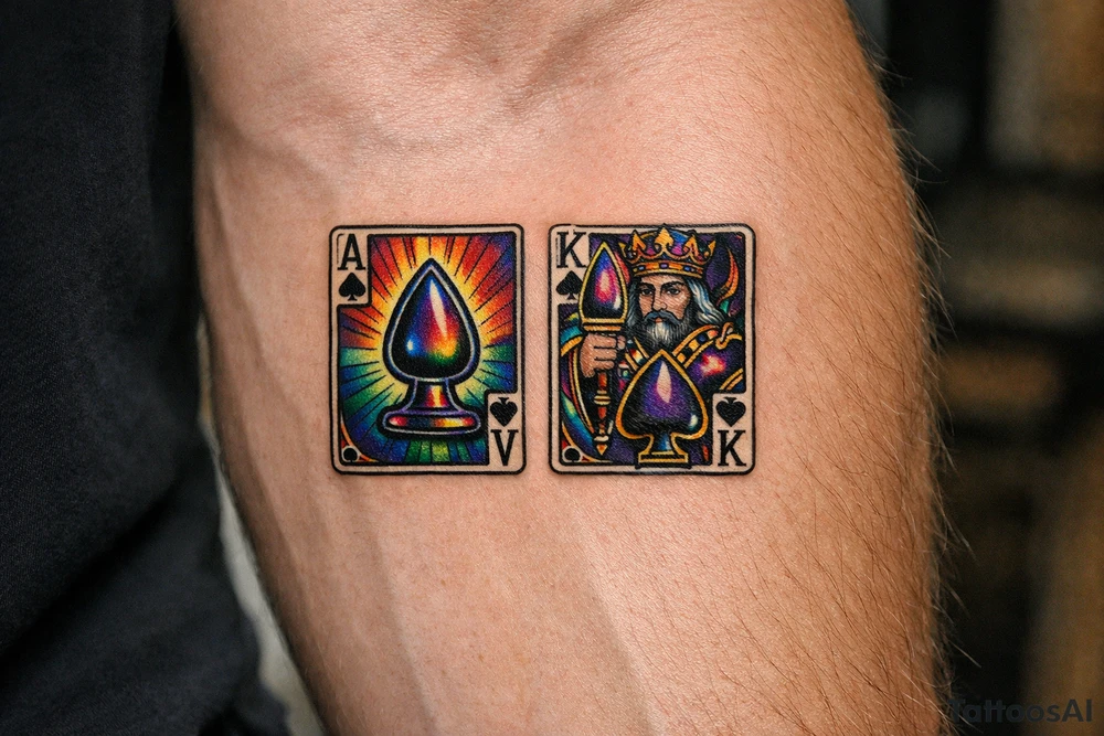 Two regal playing cards, Ace and King of Spades, stylized butt plugs as spades tattoo idea