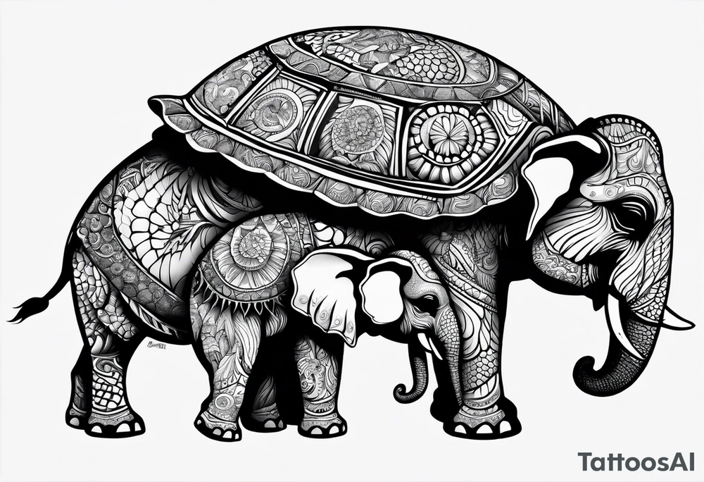 Sea turtle with 4 elephants on its shell holding the world tattoo idea