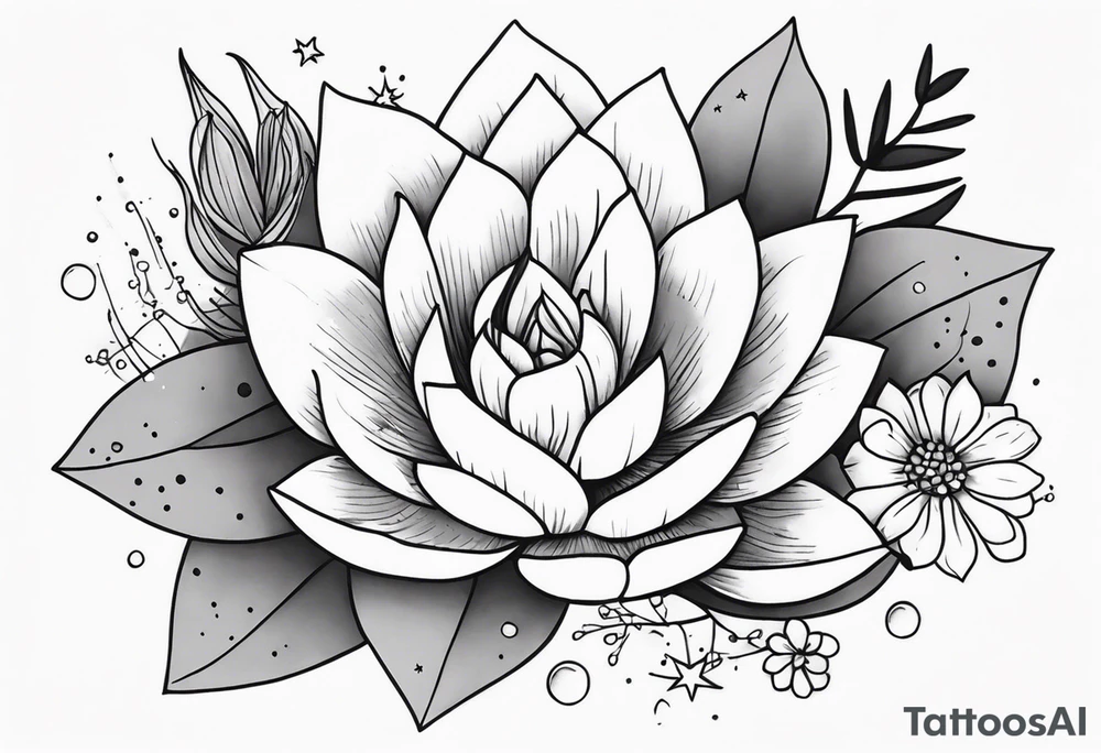 fine line with sun, stars, floral, dots, three succulents
. Sternum tattoo grey scale shading tattoo idea